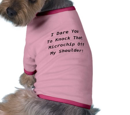 Dog wearing a micro-chip t-shirt.